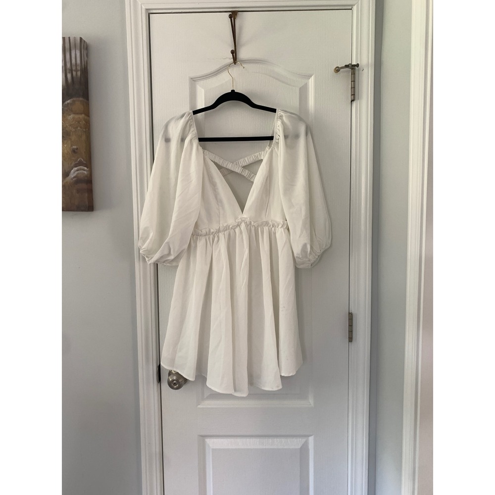 Selfie Leslie White Deep V-Neck Puff‎ Sleeve Strappy Back Mini Dress US S AU 8
